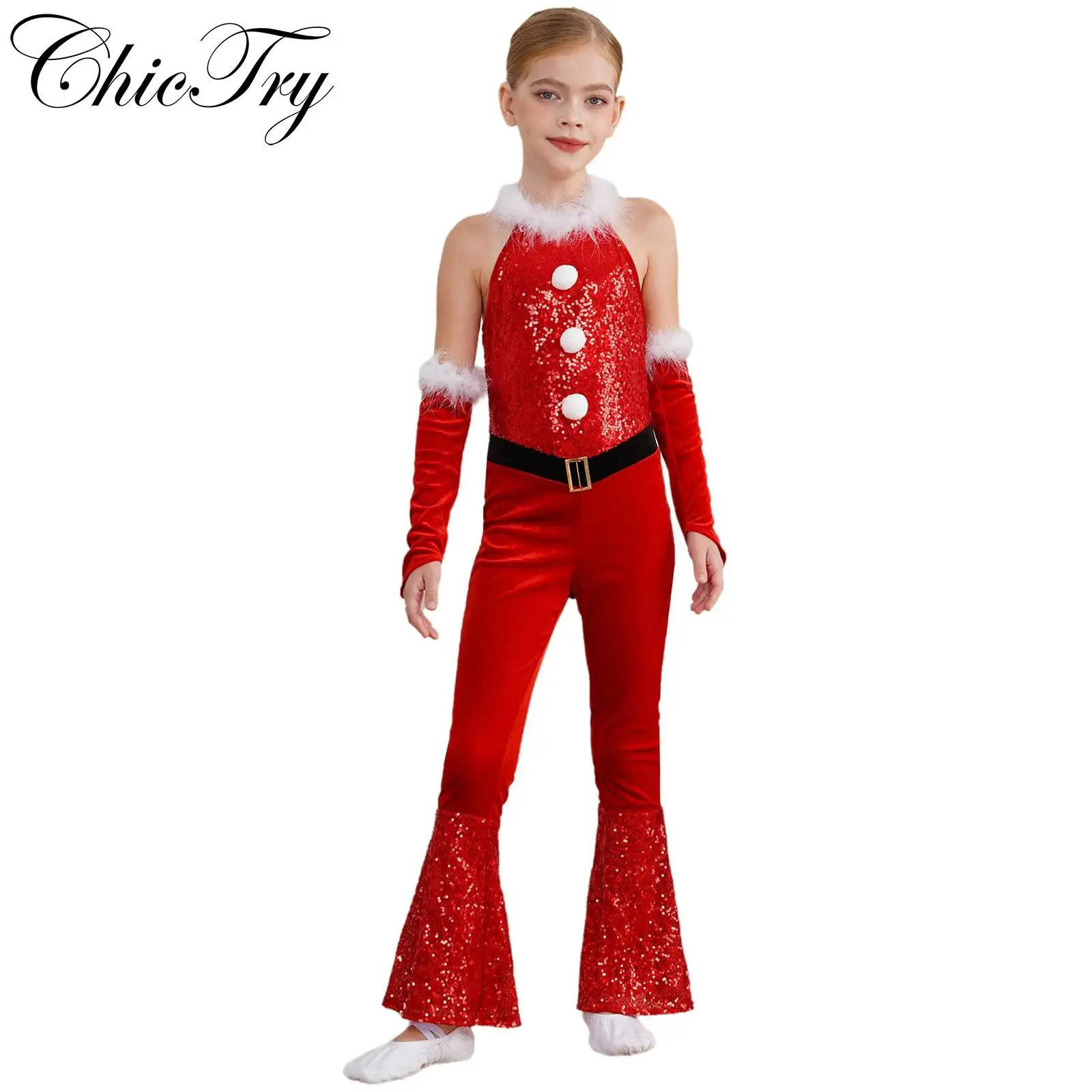 Mädchen Weihnachten Santa Cosplay Kostüm Weihnachten Neujahr Set ärmelloser Samt Body Plüsch Pailletten ausgestellter Overall mit Armmanschette