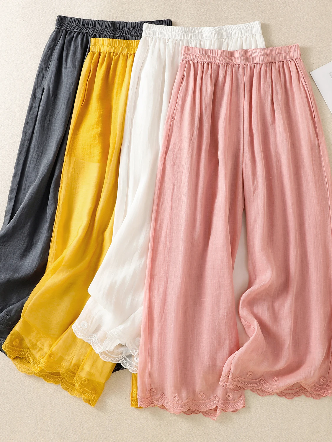 

Summer Casual Loose Women's Pants Elastic Waist Breathable Double Layer Wide Leg Pants Embroidered Hemline Comfortable Fit