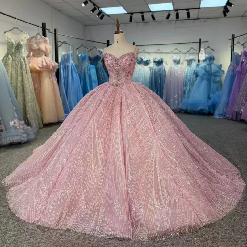 

Light Pink Shiny Ball Gown Quinceanera Dresses 2026 Beading Crystal Tull Off Shoulder Sweet 16 Dress Vestidos 15 De Anos