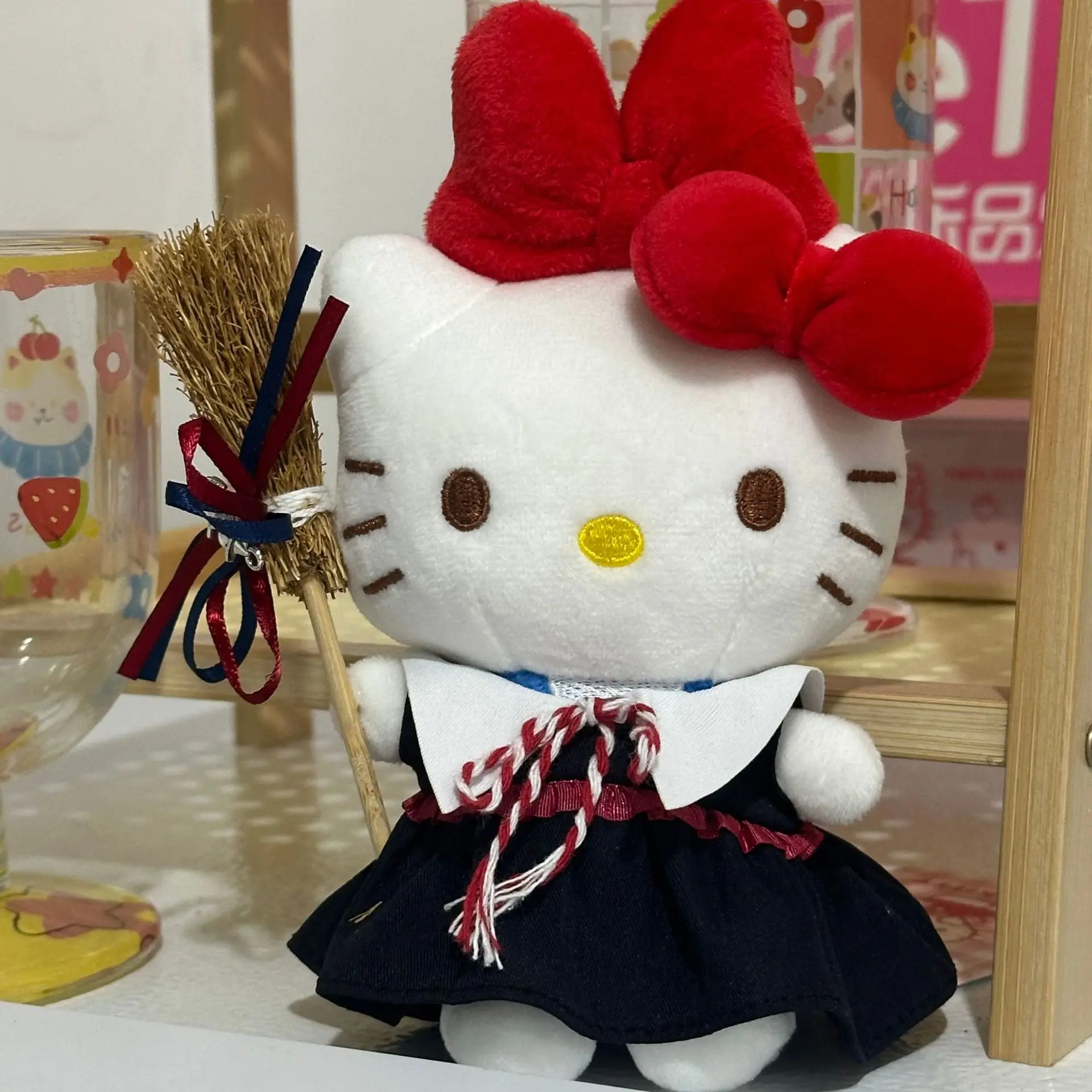 Hello Kittys Takes Broom Kawaii Plush Doll Girl Bag Pendant Cute Cartoon Bow Toy Keychain Decorate Childrens Gift