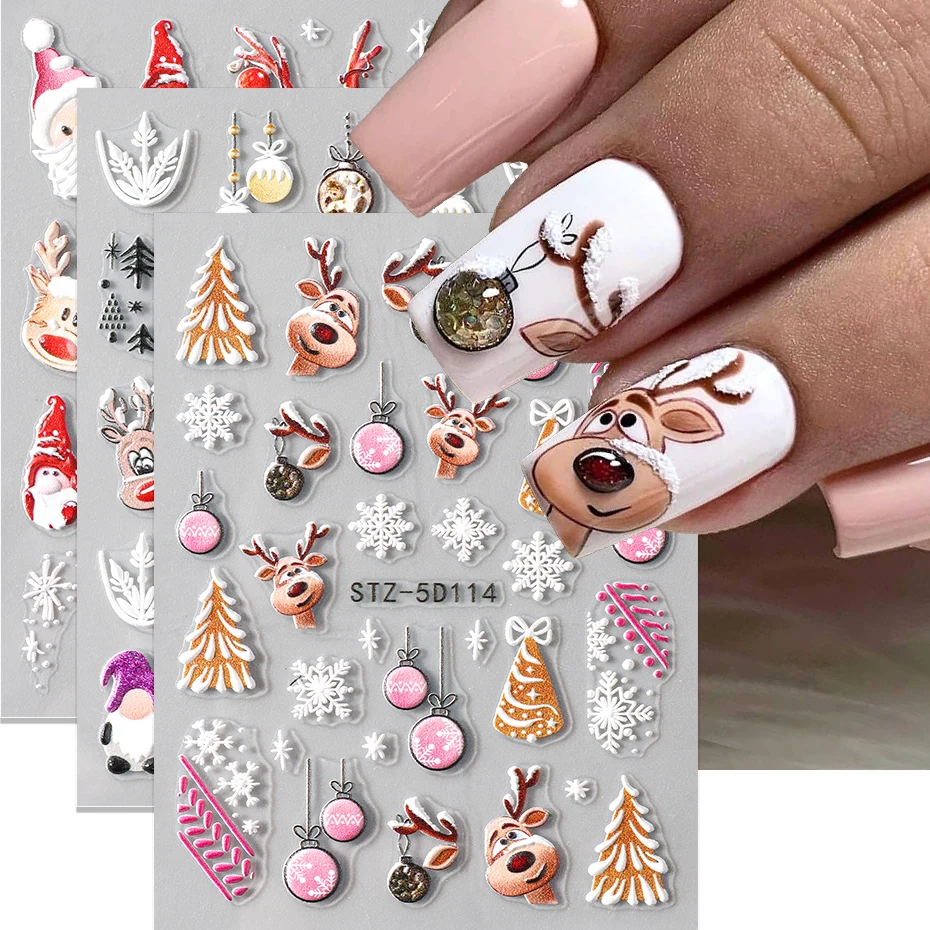 2 stücke Weihnachten Rentier Santa Claus Nail art Aufkleber Geprägte Schneeflocken Ornament Designs Nagel Aufkleber Weihnachten Dekorationen Maniküre