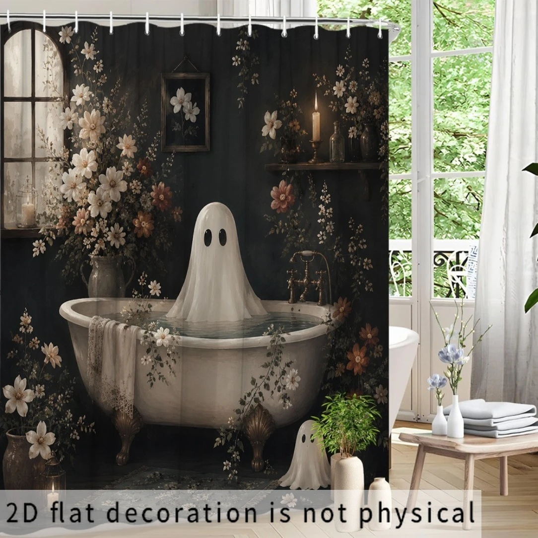 2D Flat, 2D Flat Shower Curtain 1pc, Halloween Shower Curtain, Floral Nature Vintage Style, Eerie Flowers and Candles Theme, Bat