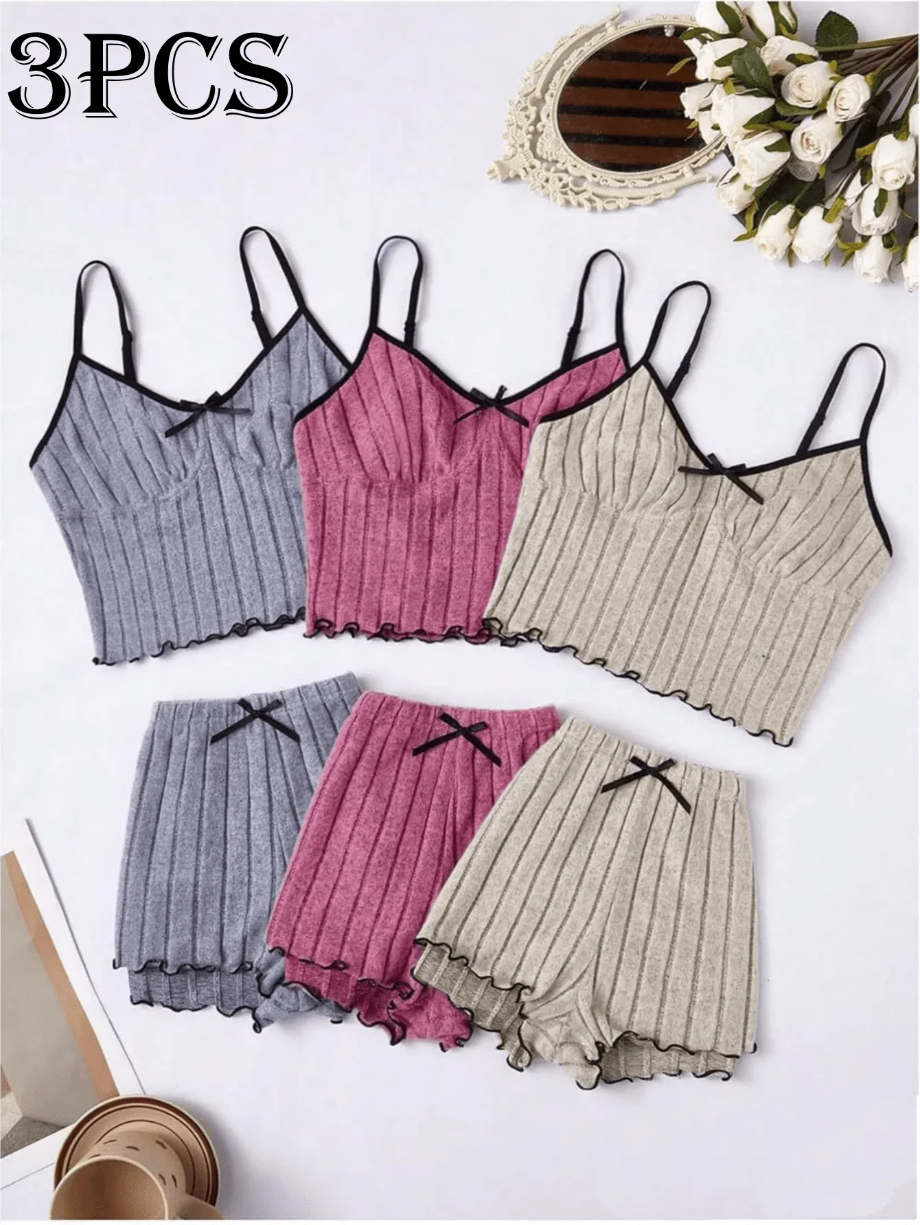 3-Piece Stretch Sleepwear Set for Women - Sexy Lace Trim Halter Top and Shorts with Cotton-like Fleece Waffle Texture for Cross-