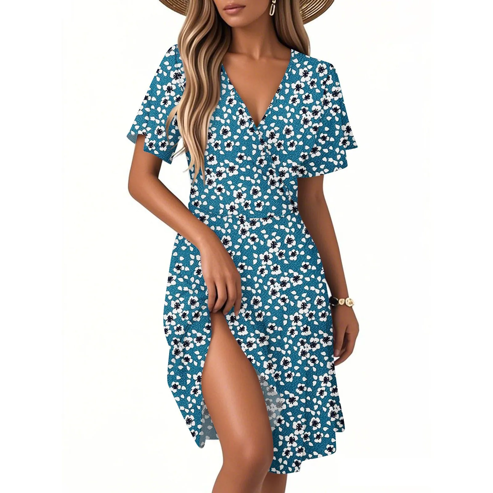 Dames bedrukte bloemen korte mouwen lange jurk V-hals sexy casual losse elegante jurk strand Hawaiiaanse vakantiejurken vrouwelijk