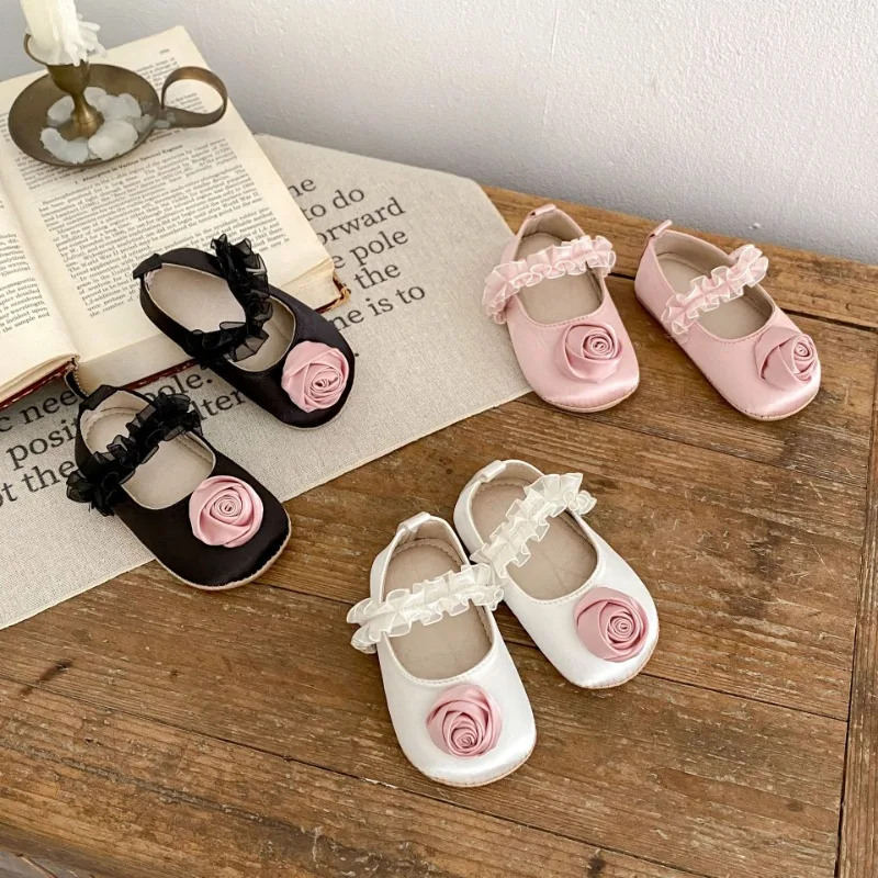 Newborn Four Seasons Shoes Girls Treasure Gentle Lace Imitation Silk Rose Rable Soft Sole Single Shoes