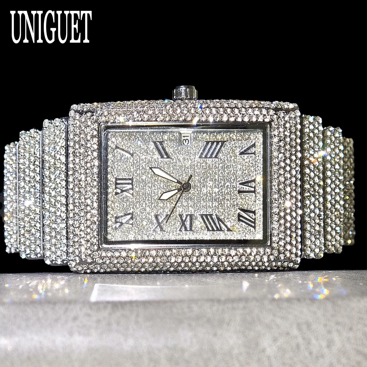 UNIGUET Hip Hop Watch for Men Luxury Full Iced Diamond Bling Rectangle Wristwatch with Roman Numerals Reloj Hombre Hot Sale