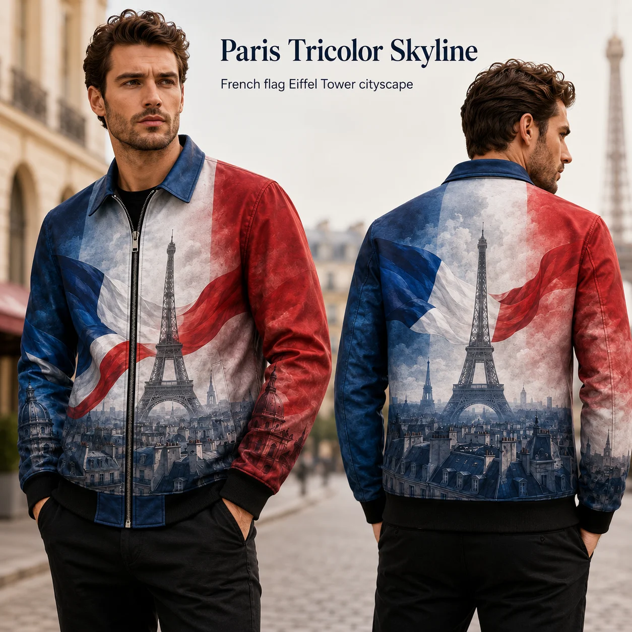 French Paris Eiffel Tower Jacket Men Tricolor Flag Cityscape Print Jackets European Travel Fashion Coat Casual Zip Front France