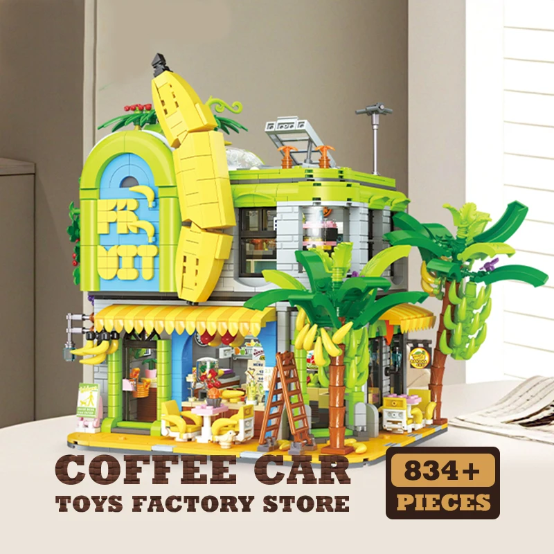 

City View Cute Fruit Store Building Bricks Cartoon Bus Shelter MOC Blocks Home Decor Street Friend Shop Model LED Christmas Gift