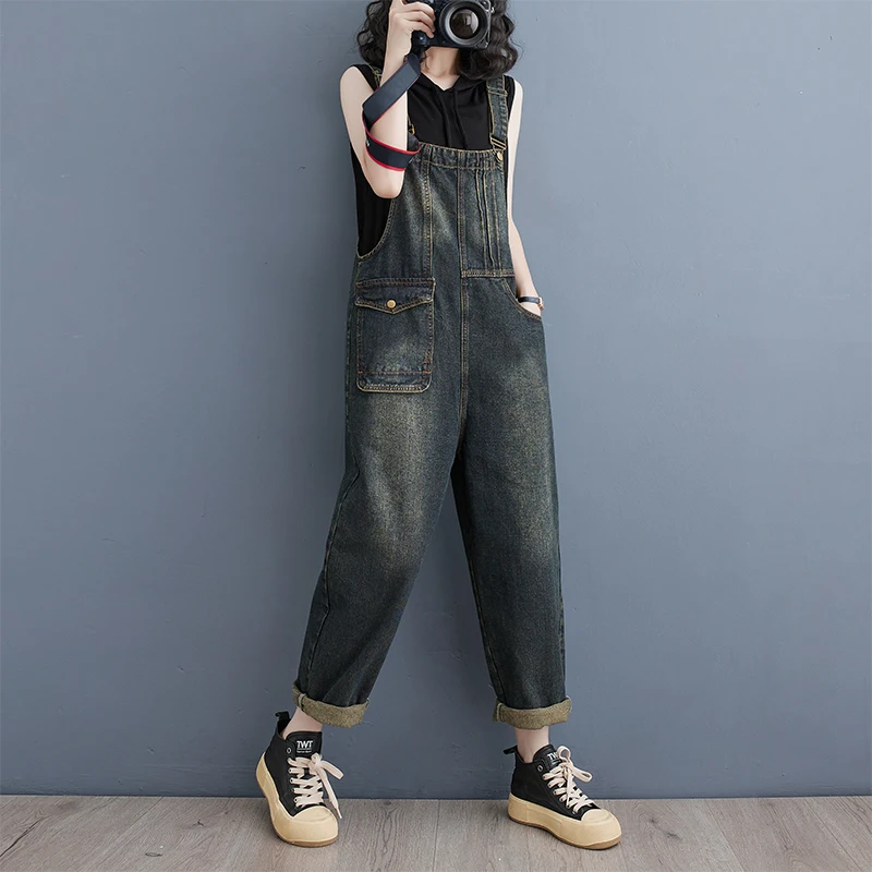 Vintage Sle Denim Overalls Frauen Sommer plus Größe Harlan Lose Arbeitskleidung Einteilige Hosen Hohe Taille Helle Farbe Neun-stück