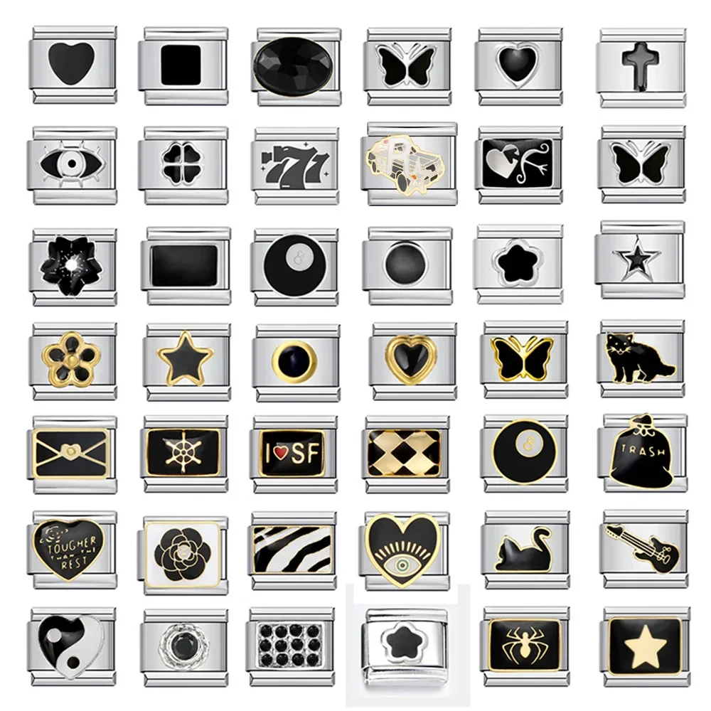 9mm Italian Charm Links Black Cat Spider 8 Ball Guitar Stainless Steel Modular Bracelet For DIY Personalized Jewelry Spooky Gift
