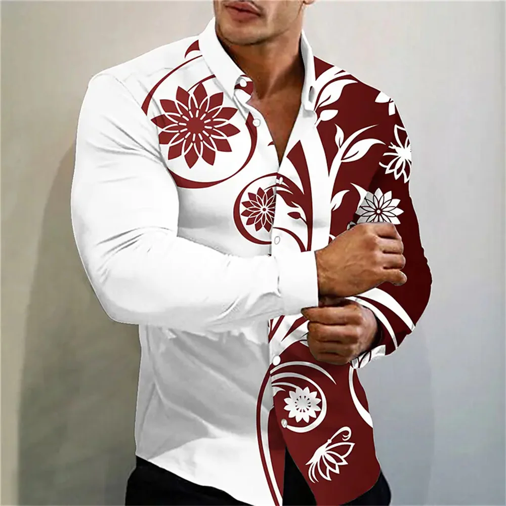 Męska, wysokiej jakości, luksusowa, modna koszulka polo z kwiatowym nadrukiem, jednorzędowa, designerska koszula męska z długim rękawem