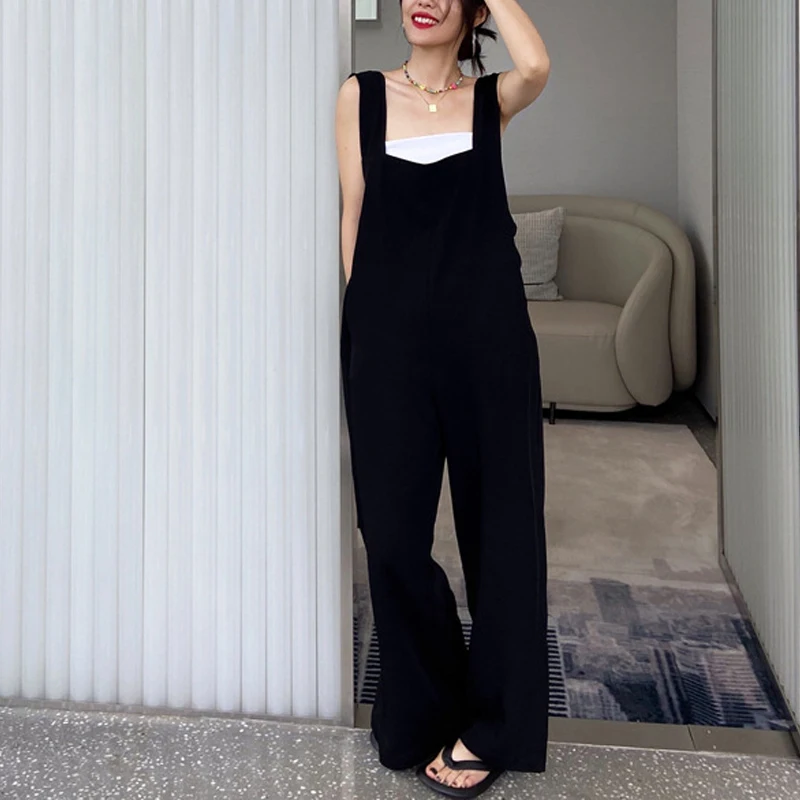 Johnature Black Casual Sleeveless Loose Jumpsuits 2024 Summer New Korean All Match Full Length Wide Leg Pockets Women Bodysuits