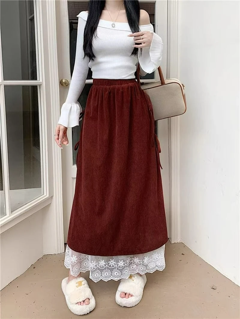 تنورة نصف تنورة جديدة من الدانتيل لعام 2025 للنساء لربيع وصيف تنورة طويلة فضفاضة للتخسيس على شكل حرف a