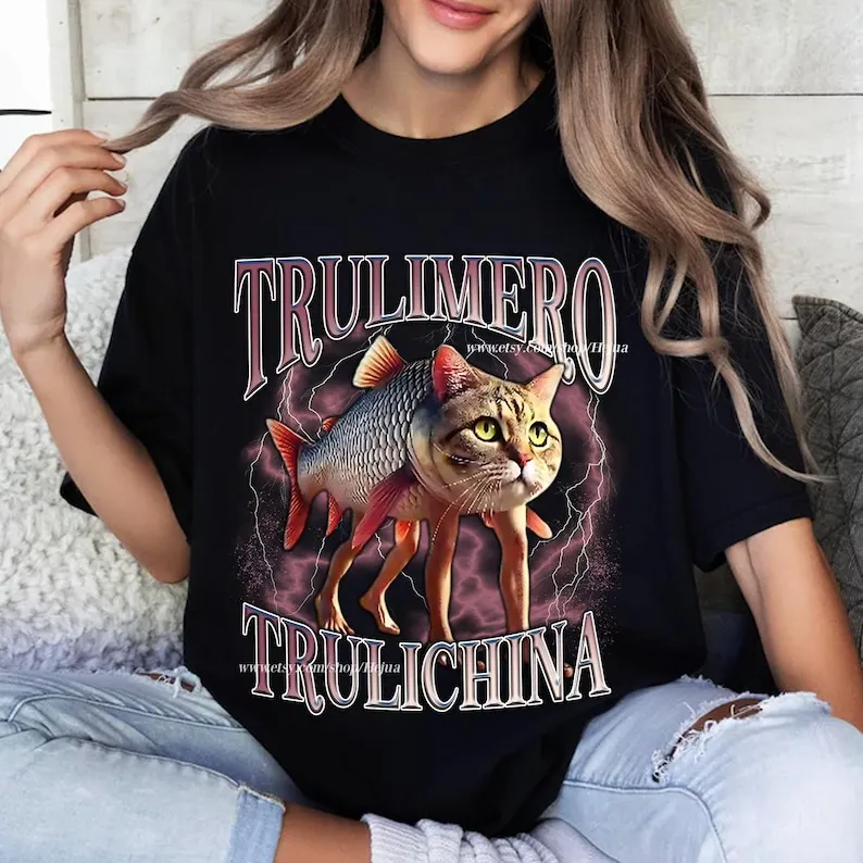 Trulimero Truli Italian Brainrot Meme T-shirt Cats Head on A Fish Shirt