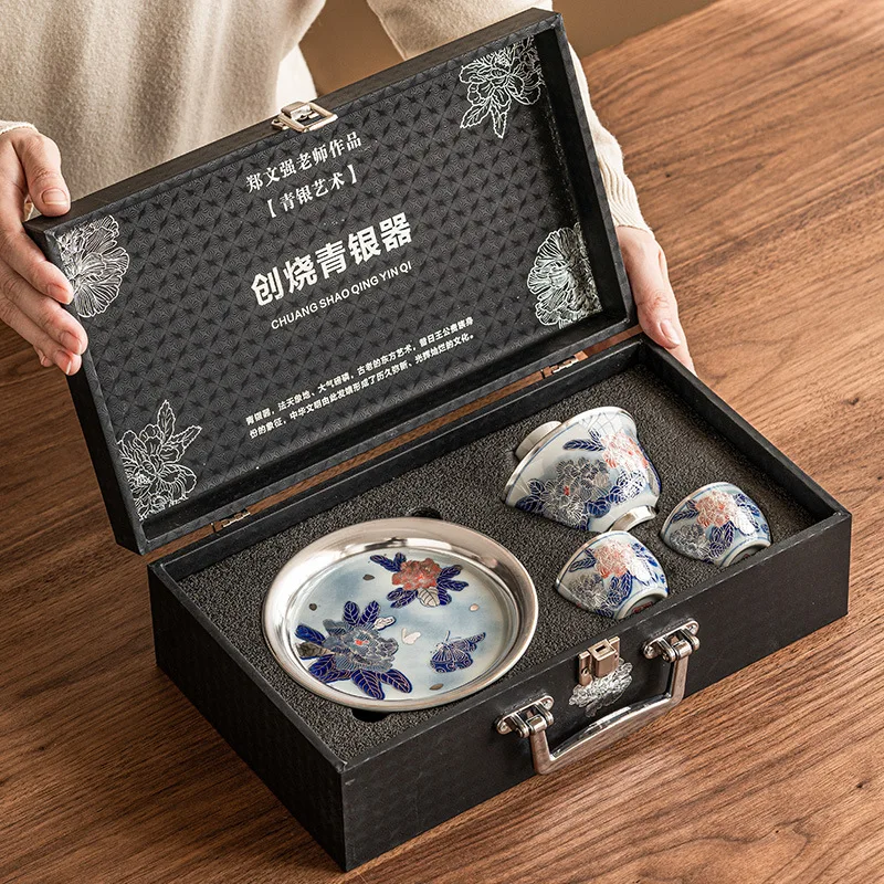 Gilded Silver Peony Cover Bowl Tea Cup Kung Fu Tea Set