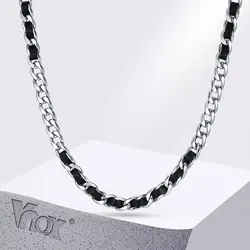 Vnox Cool PU Leather Metal Twisted Chain Necklaces for Men, Black Silver Color Chain Collar, Miami Curb Cuban Link Necklaces