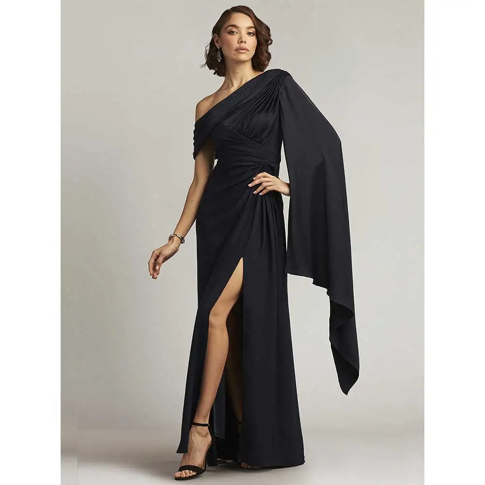 YUMDI Gothic Black Ball Evening Gown Long Elegant Ladies Formal Satin Dress Sexy High Slit Cocktail Dress One-shoulder Smock