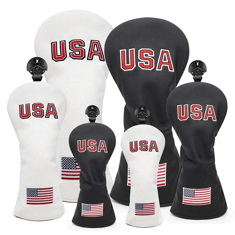 olf Headcover High Quality Embroidered USA Flag Logo PU Leather Golf Driver Fairway Hybrid Head Covers Tag