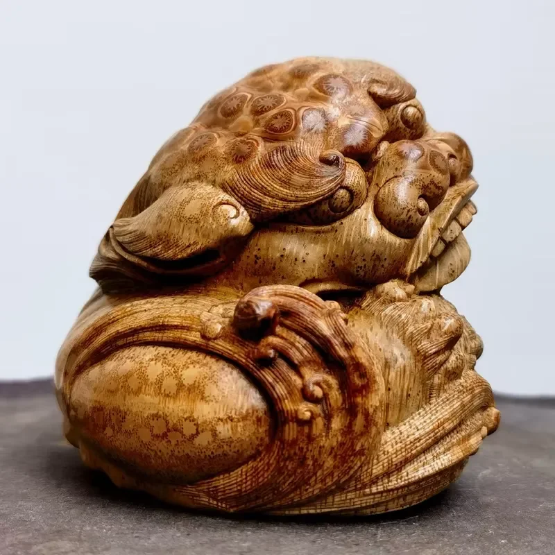 Handmade Bamboo Root Carving Playful Lion Statue Traditional Folk Art Ornament Home Decor Gift Unique Wood Sculpture Figurine