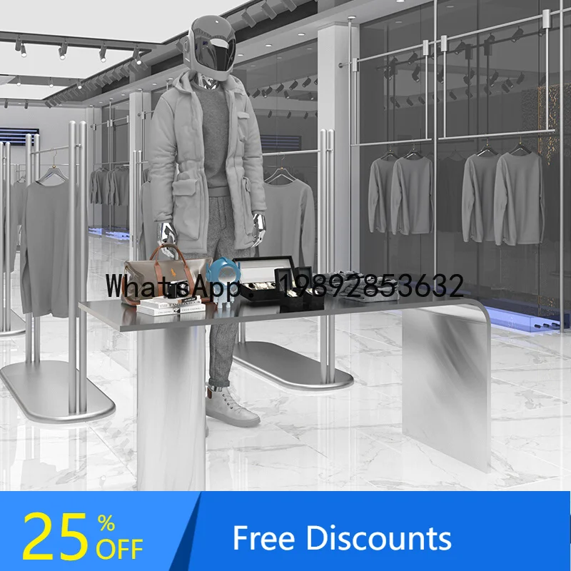 

Clothing Store Island Counter Flow Counter Stainless Steel silver Brushed Display Counter Product Display Table Shoes Bags