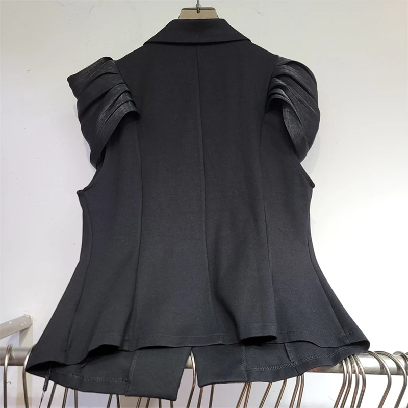 Coffee Color Black Women Short Suit Vest Fashion Pleated Puff Sleeve Design Notched Collar Single Button Sleeveless Waistcoat