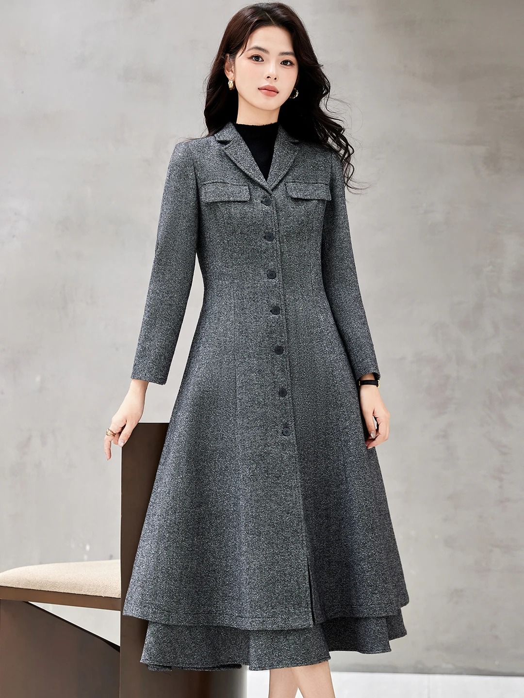 Elegant Woolen Suit Style Coat Women's Autumn Winter New Fashion Classy Medium Length OL Waist Cinched Full Skirted Wool Blen...