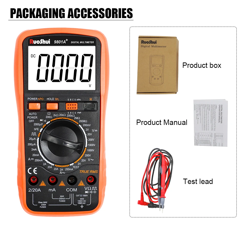 RuoShui Digital Multimeter True RMS 20mF High Precision AC/DC Voltage 20A Triode Temperature Capacitance Transistor Wires Tester