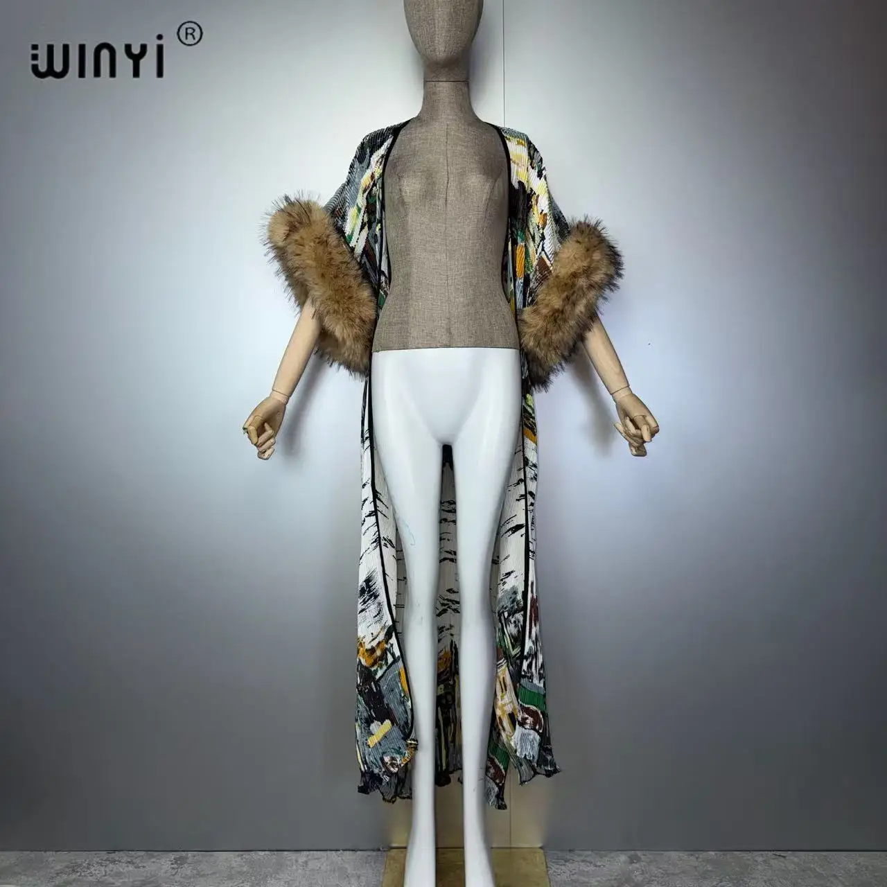 WINYI Women's Long Sleeve Kimono Cardigan Boho Print Bubble Hem Cover up Caftan Luxury Beachwear Abaya Dubai Style Dress