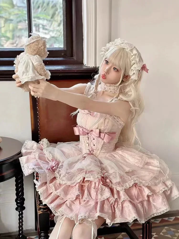 Gaun Jsk Lolita manis Jepang gaun tali putri ikatan simpul renda elegan Vintage wanita Kawaii baju Harajuku Y2k Hot Sellin