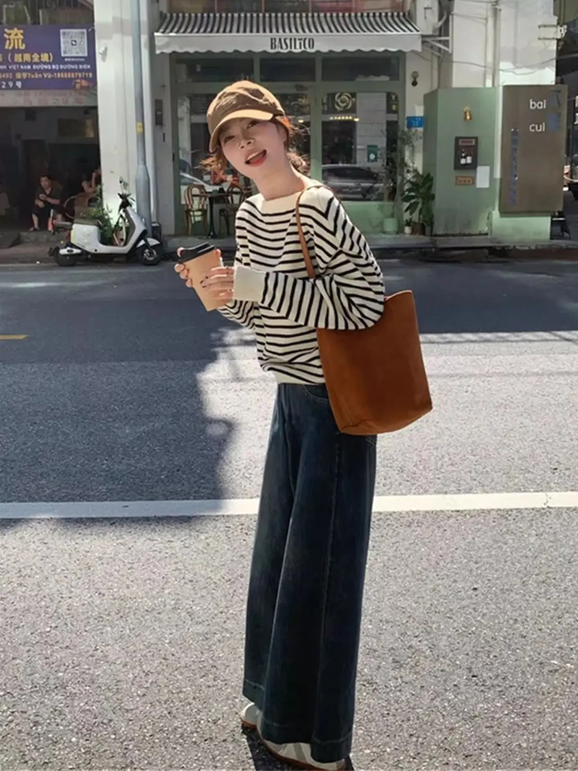 

Gagarich Great Looking Striped One Shoulder Women Early Autumn Paired Korean Style Lazy Loose Outer Long Sleeved Knitted Sweater