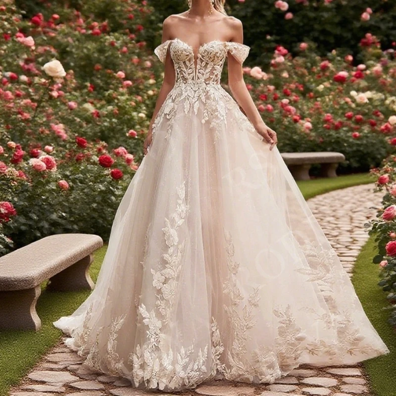 魅力的なオフショルダーのウェディングドレスアップリケレースローブ恋人チュールAラインブライダルドレスカスタマイズ