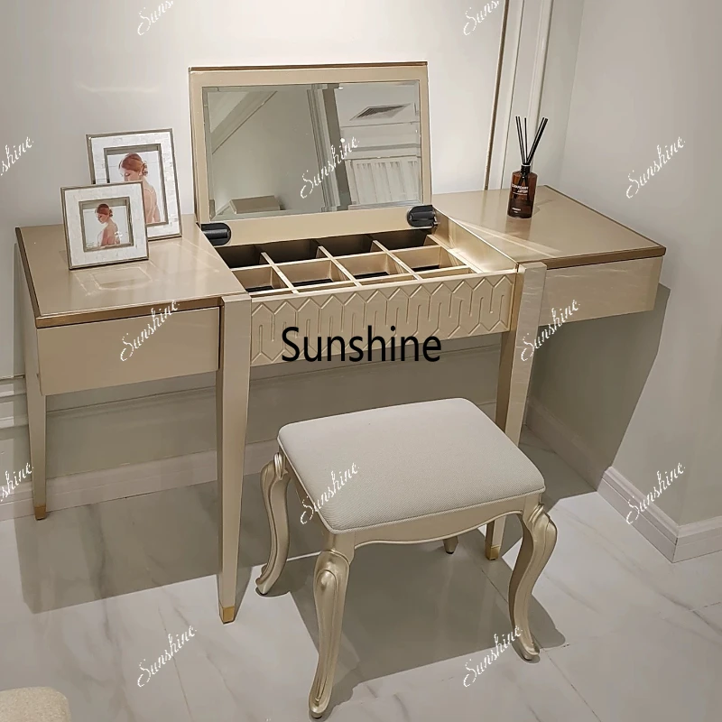 

American style, solid wood, mirrored storage table, villa model room cosmetic table and chair combination