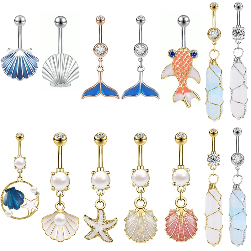 ZS 14G Shell Navel Piercing Jewelry Ocean Belly Button Ring Crystal Belly Ring Women Summer Pearl Belly Body Piercing Jewelry