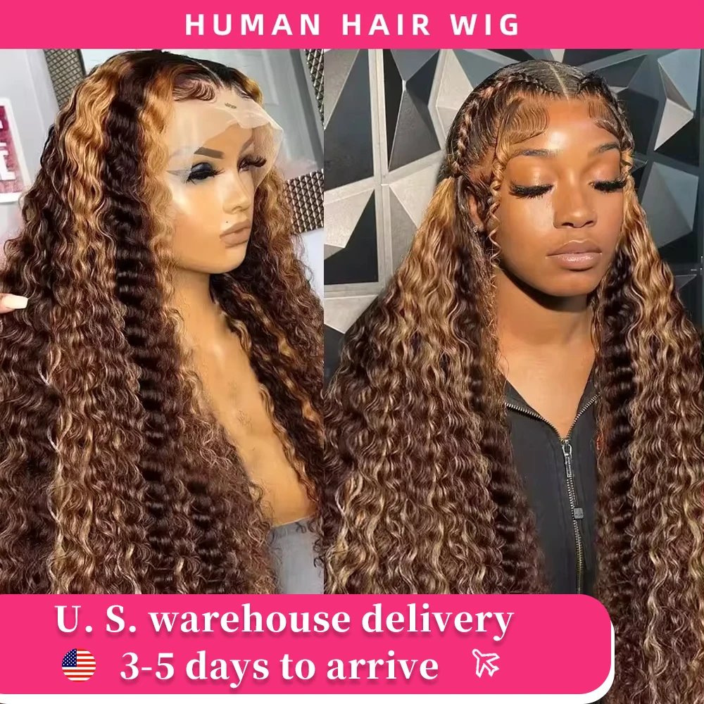 Curly 13x6 4/27 Brown 250 Density Lace Frontal Wig Highlight Ombre Colored Deep Wave 30 40 Inch 13x4 Human Hair Lace Front Wigs