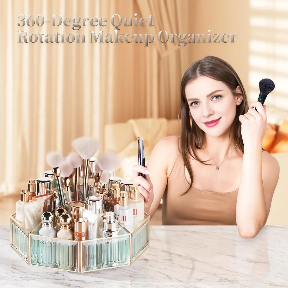 360 °   Organisateur de maquillage rotatif avec porte-brosse pour rangement de vanité, salle de bain et comptoir