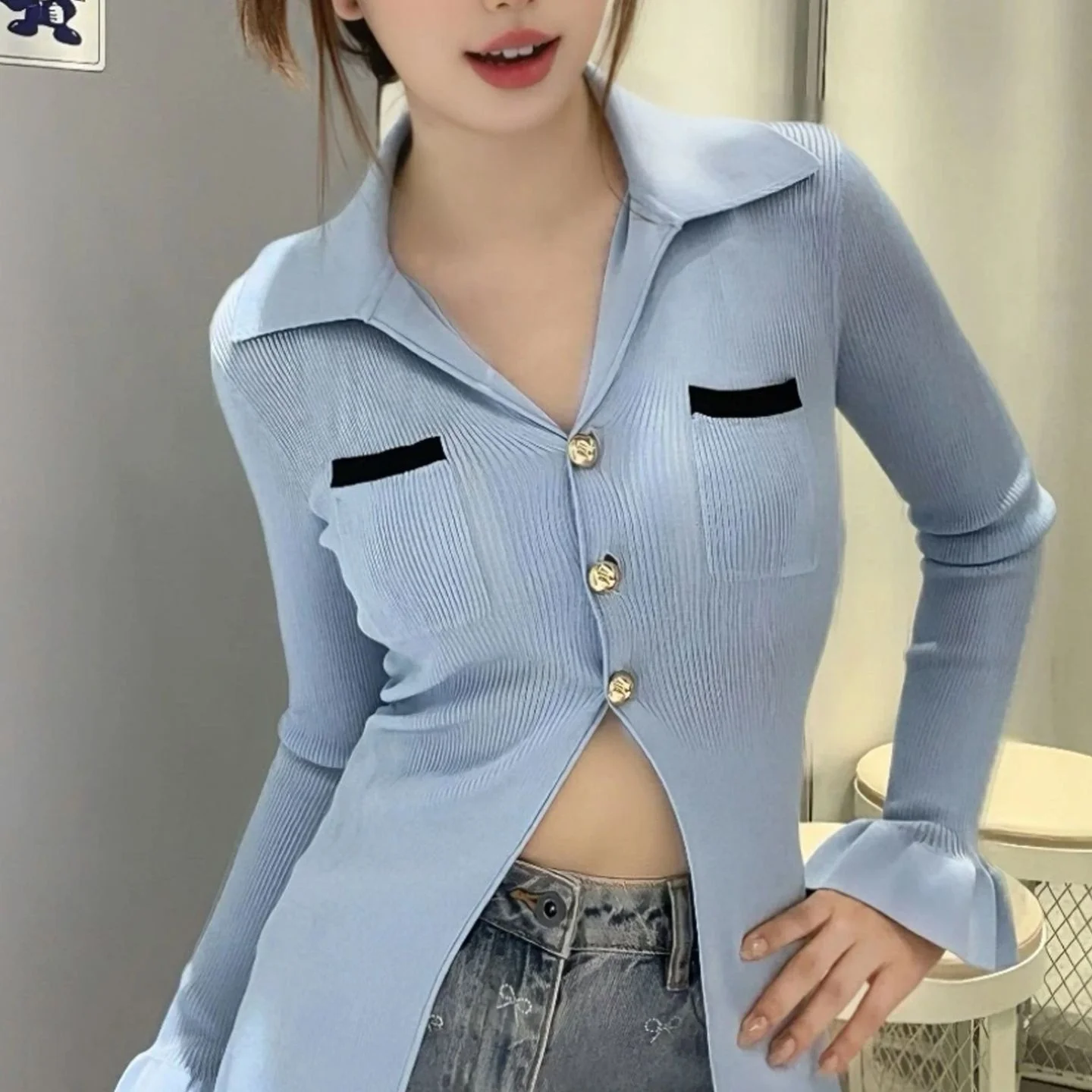 

Ele Синий вязаный открытый кардиган для женщин, весна-лето 2022, высококачественная женская одежда Faion от SP Home