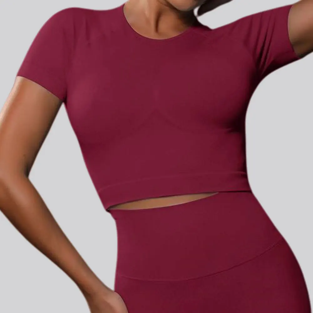 Women Seamless Yoga Sports T-Shirt Women's Round Neck Short Sleeve Breathable Stretchy Gym Workout Slim Fitness Active Top Tee
