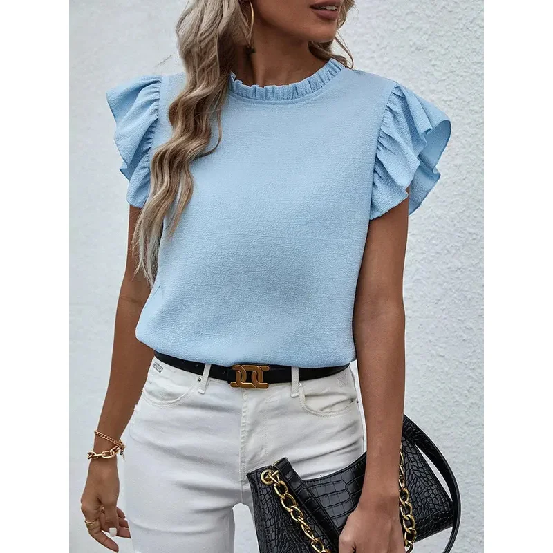 

Elegant Ruffles Sleeveless O Neck Loose Blouse Women Summer Casual Solid Shirt Office Lady Chic Simple Luxury Tops Streetwear