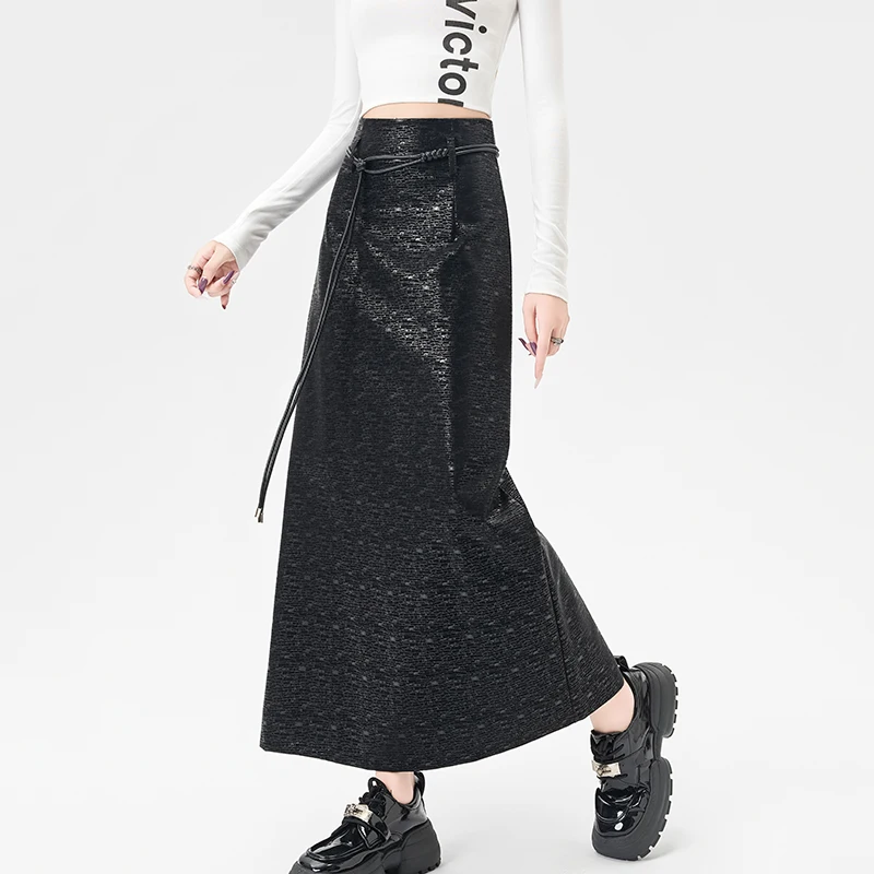 

Винтажные женские юбки из искусственной кожи с высокой талией, женские однотонные тонкие длинные юбки макси с поясом, корейская модная черная юбка на молнии, S-XL