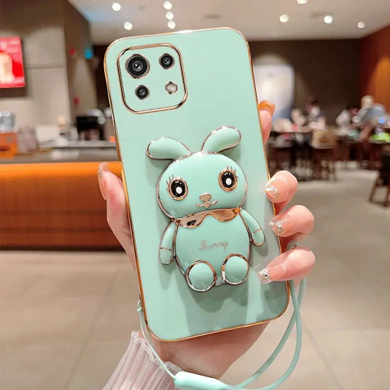 Phone Case For Xiaomi 11 Lite Luxury Plating Square Rabbit Holder With Landyard Case Cover