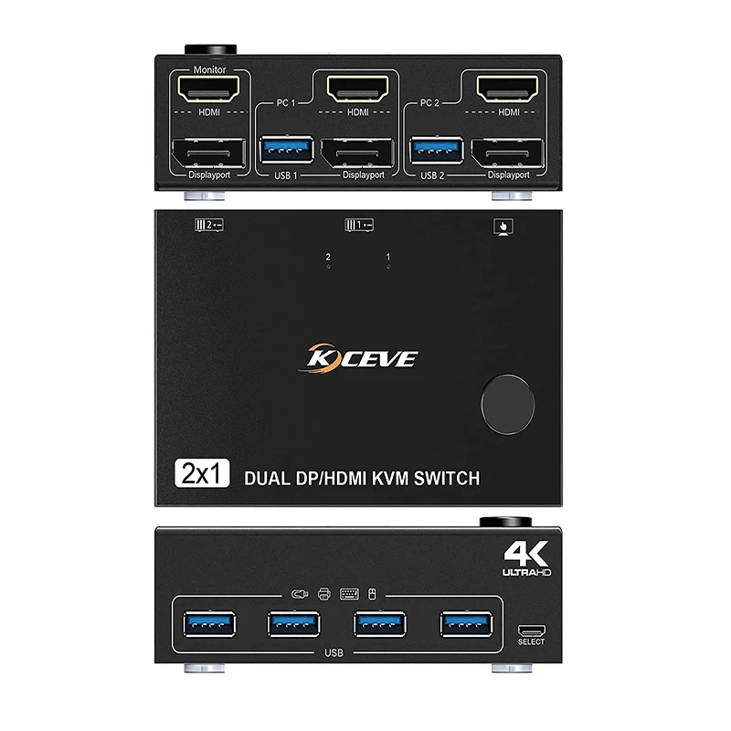 

4K DP HDMI USB 3.0 KVM Switch 2 Computer 2 Monitors, Dual Monitors Displayport KVM Switcher Supports 4K@60Hz for 2 Computers