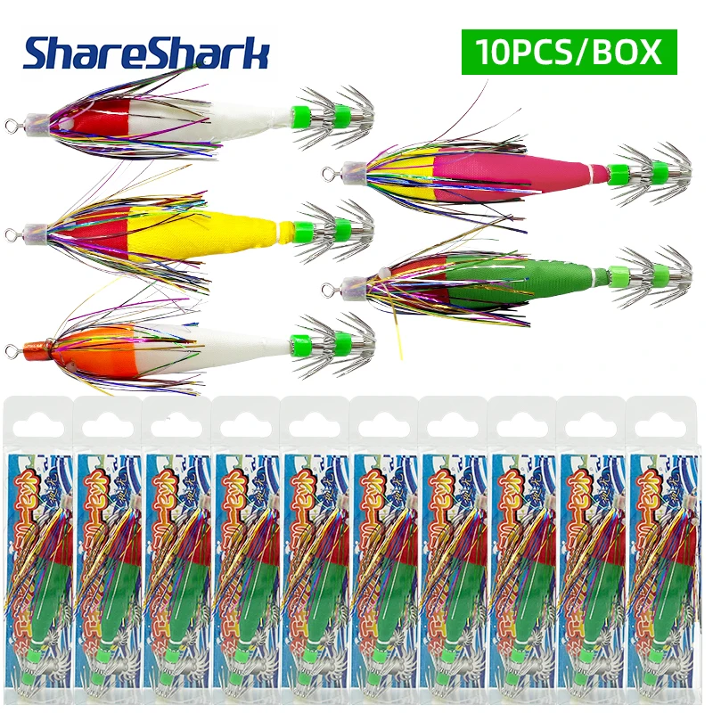 

Набор из 10 светящихся приманок ShareShark: мягкие приманки-кальмары с двойным крючком-зонтиком, бионическая наживка для ловли кальмаров.