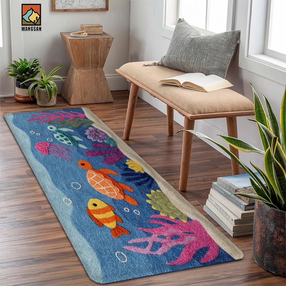 VIKAMA Dark Blue Carpet Underwater World Entrance Door Mat Cute Turtle Pattern 2D Carpet Rug For Bedroom Carpet For Living Room