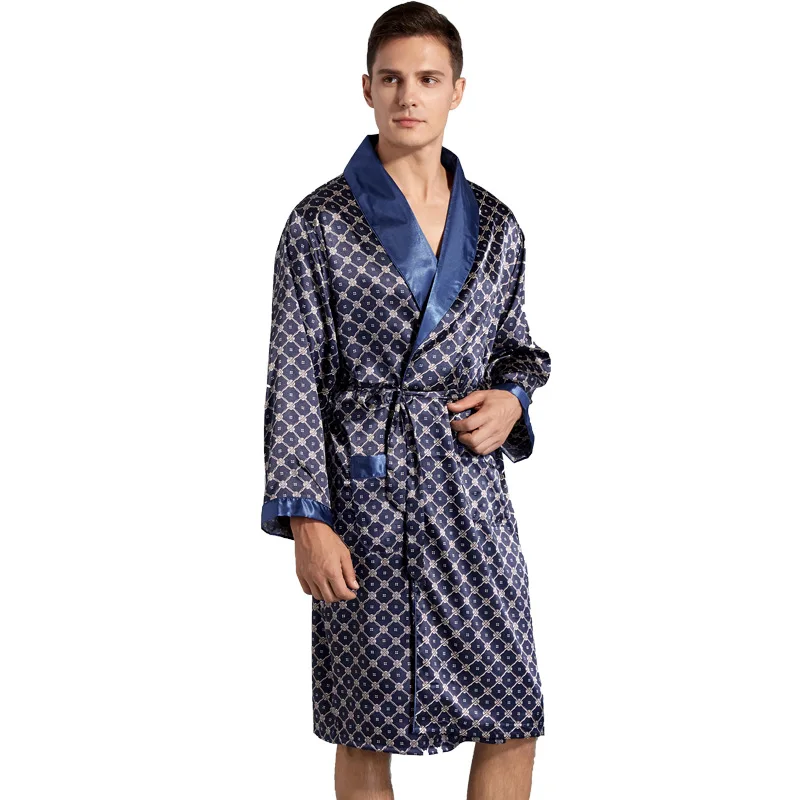 Men's Satin Silk Robe Summer Silk Long Sleeved Print Pajamas Nightgown Loose Kimono Bathrobe Dressing Gown