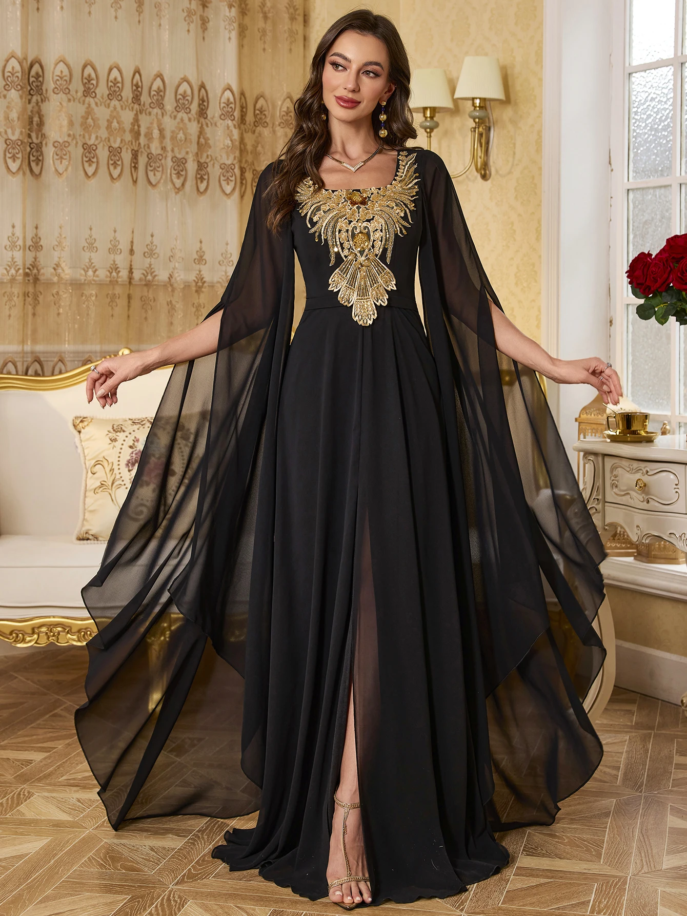 

UNITHORSE V длинное платье с длинными рукавами и загорелой талией, украшение в жемчужную полоску, шифоновое вечернее платье с рукавами-фонариками, одежда с вырезом