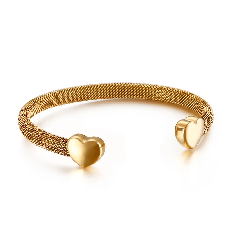 

Fashion Women Punk Cable Wire Mesh Titanium Gold Double Hearts Clasp Open Cuff Mesh Bangles Bracelets Pulseras Jewelry