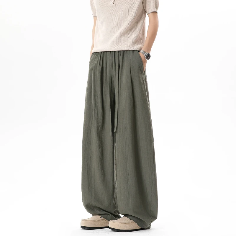 2026 Plus Size Men's Banana Pants Summer Loose Elastic Waist Long Drawstring Breathable Solid Color Baggy Harem Trousers Casual