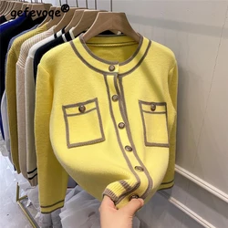 Coreano elegante Chic contrasto colore manica lunga tasca bottone Cardigan lavorato a maglia per le donne primavera autunno sciolto maglione femminile cappotti