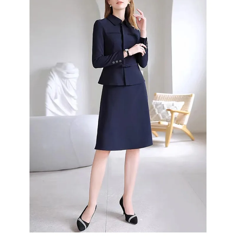 Navy Blue set blazer wanita, setelan jas bisnis modis, rok dua potong, mantel kerah lipat, sabuk pas badan, lengan panjang cantik