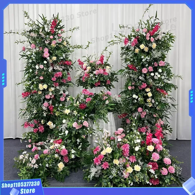 Romantic Retro Silk Faux Flower Arch Green Toned Wedding Background With Realistic Pink Blooms Long Lasting Decor For